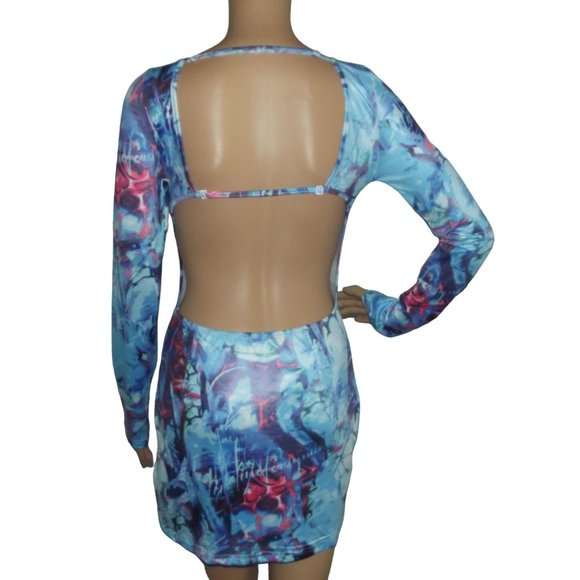 Cape Clique Dress Womens Medium Blue Bodycon Abstract Print Backless Mini sexy - Picture 2 of 8